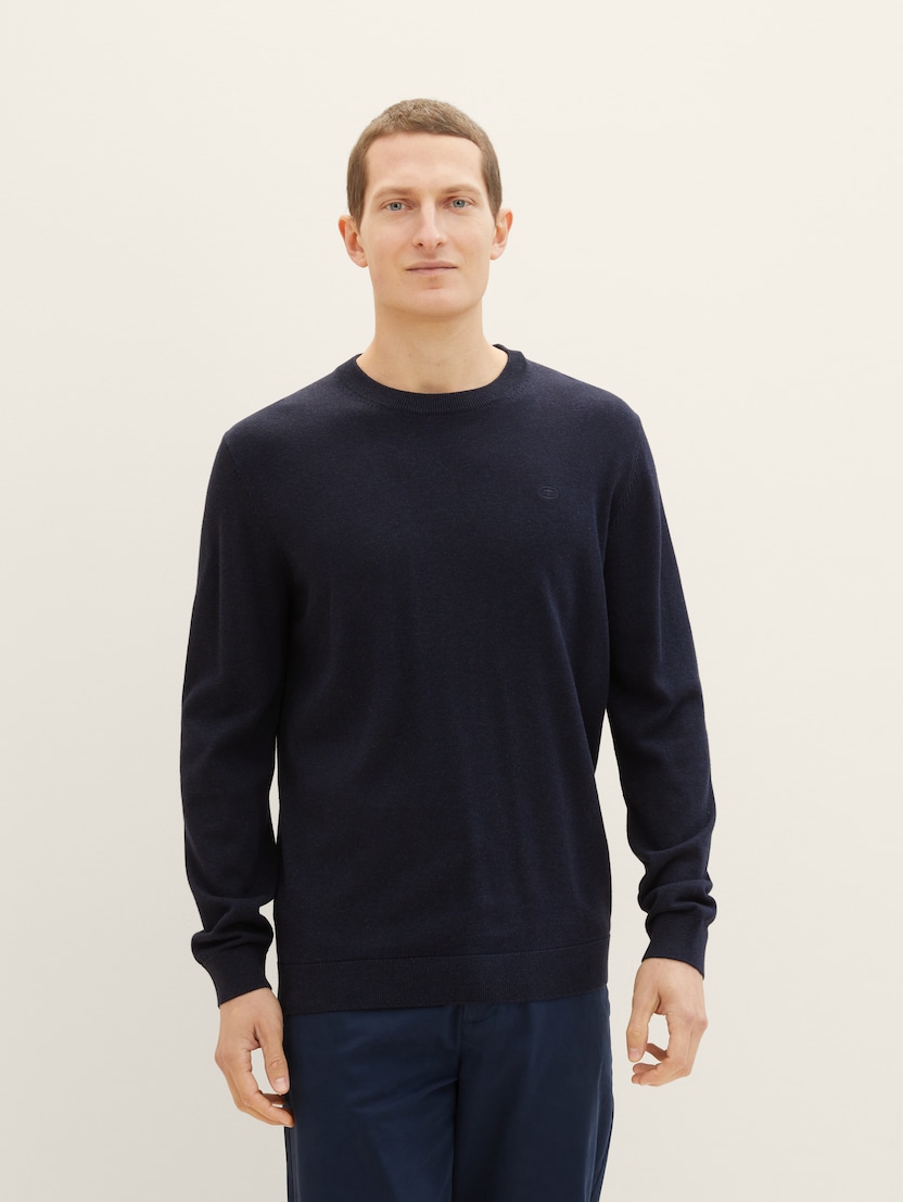 Pleten pulover z okroglim izrezom - Modra-1038426-13160