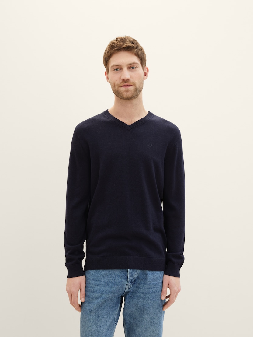 Pleteni pulover z V-izrezom - Modra