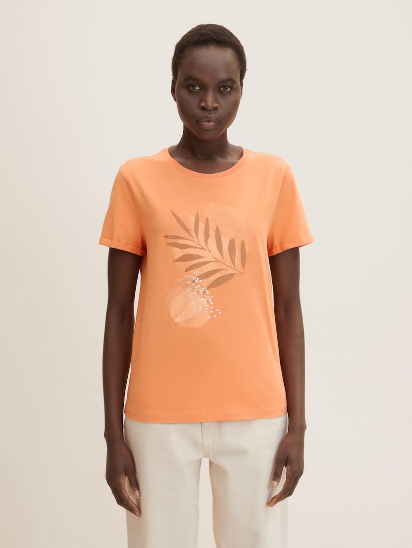 Bombažna majica s kratkimi rokavi in potiskom - Oranžna