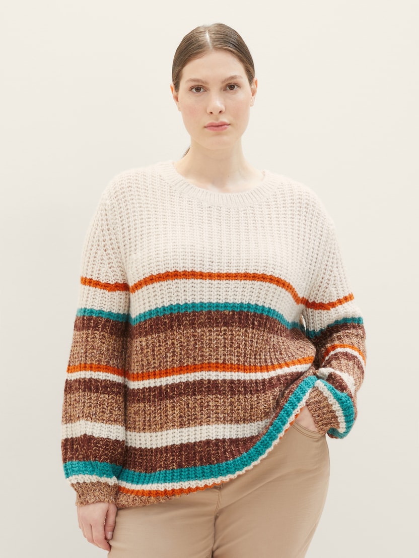 Prugasti pleteni pulover sa šarenim remenom - Uzorak-višebojna-1038813-32444-14