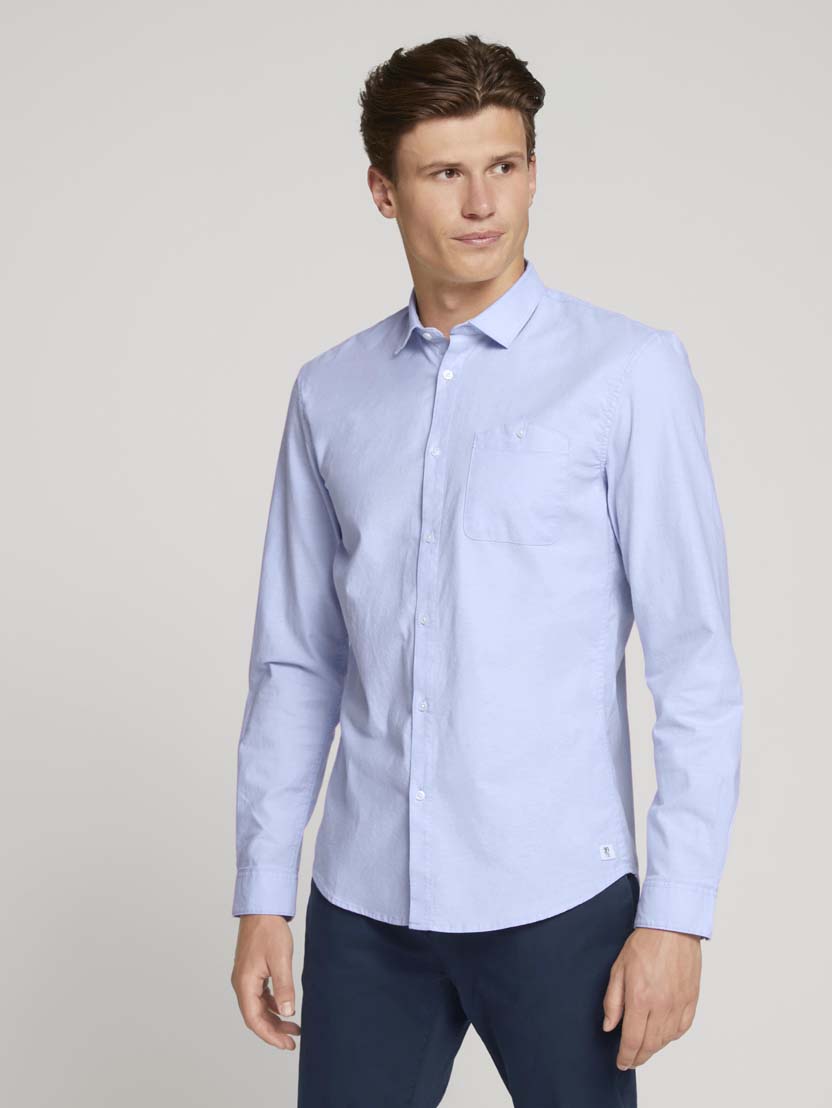 Črtasta elastična srajca z dolgimi rokavi in naprsnim žepom - Modra
