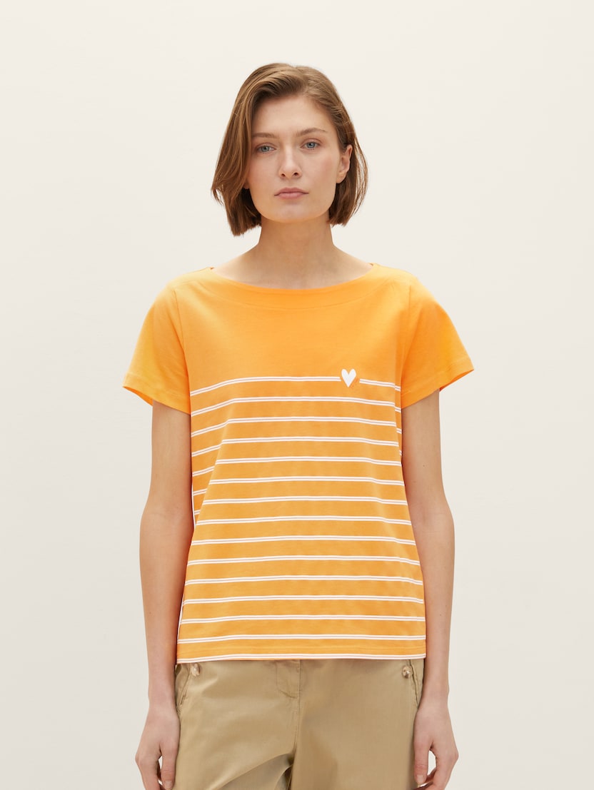 Črtasta majica z vezenino - Oranžna
