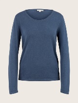 Klasičen pleten pulover z dolgimi rokavi in okroglim izrezom - Modra_2335911