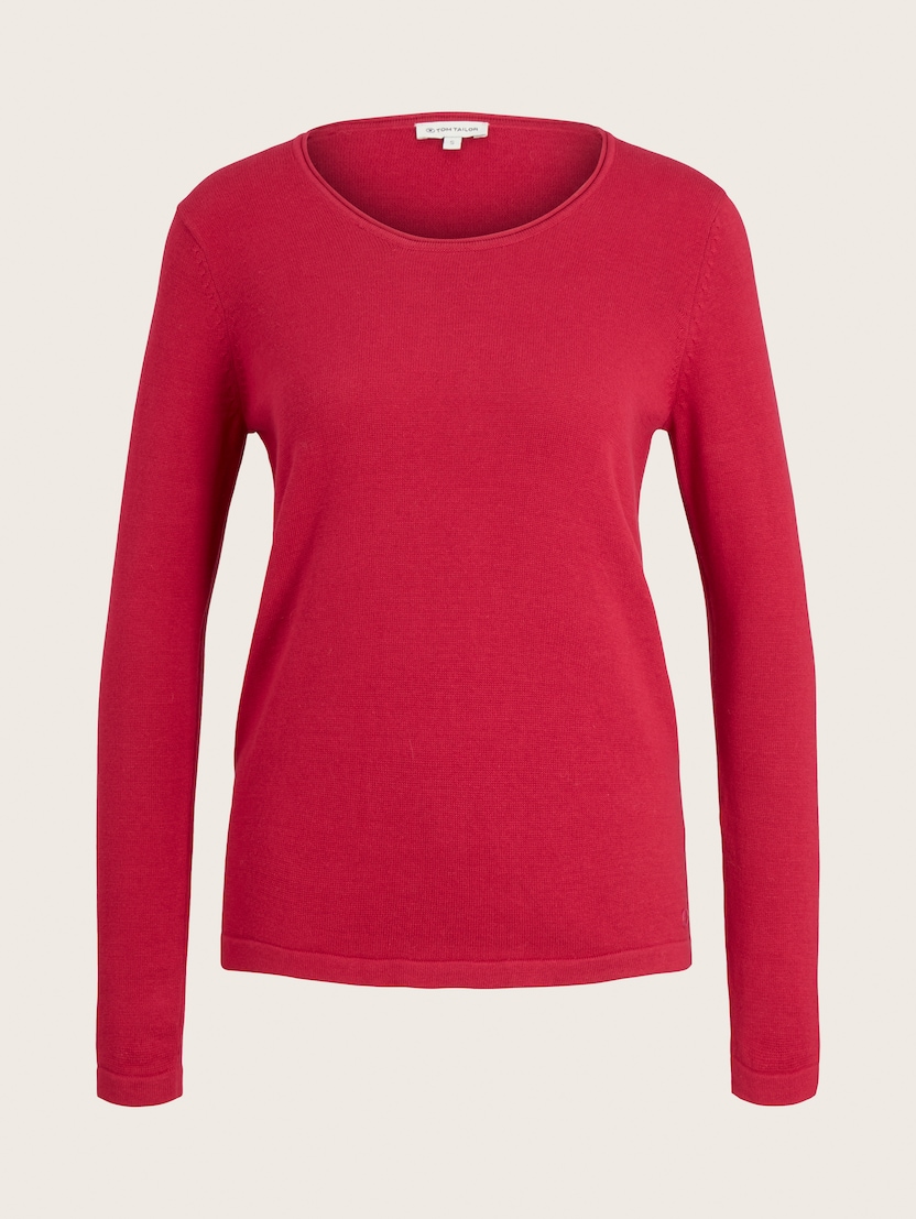 Klasičen pleten pulover z dolgimi rokavi in okroglim izrezom - Roza