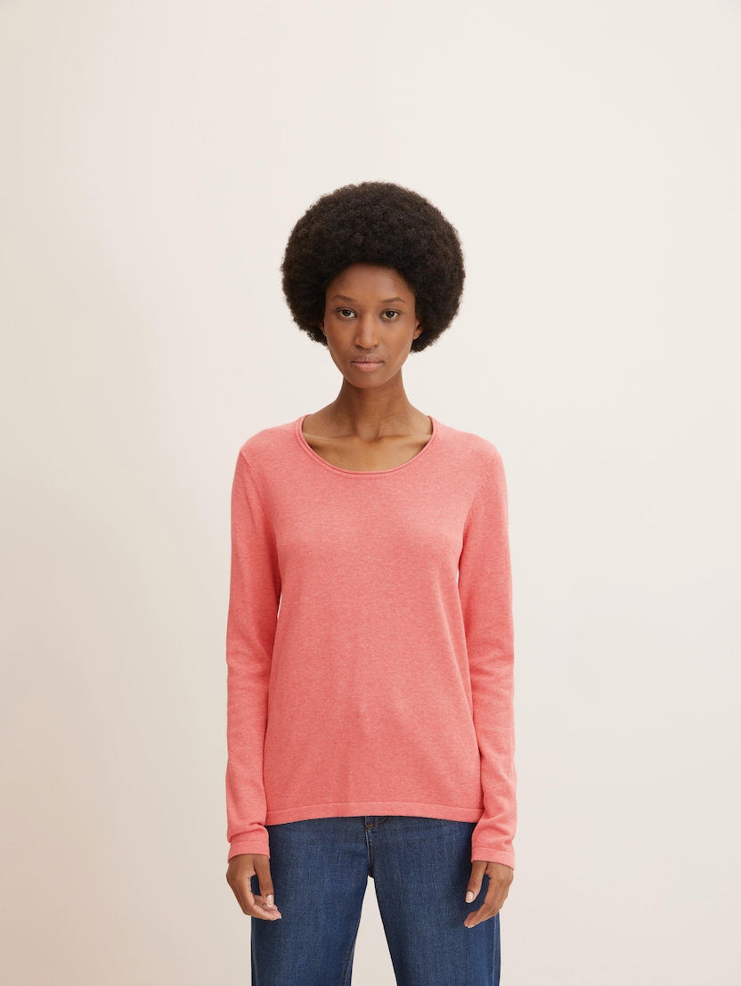 Klasičen pleten pulover z dolgimi rokavi in okroglim izrezom - Roza_6612572