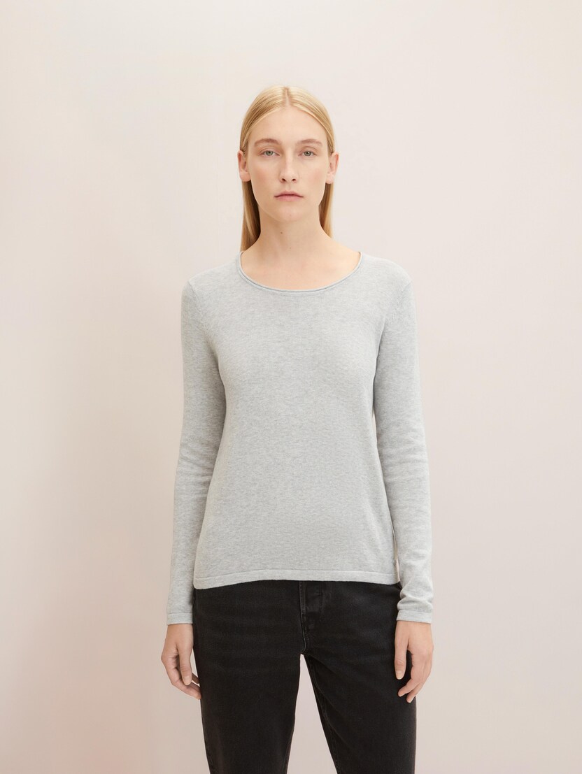 Klasičen pleten pulover z dolgimi rokavi in okroglim izrezom - Siva