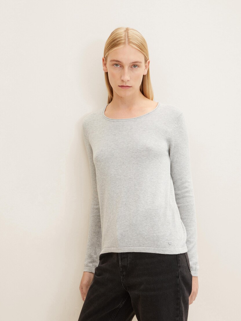 Klasičen pleten pulover z dolgimi rokavi in okroglim izrezom - Siva_8848387