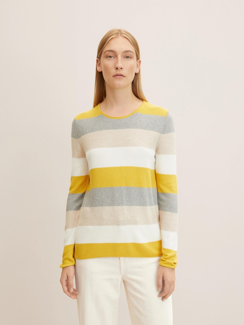  Klasičen pleten pulover z dolgimi rokavi in teksturo - Vzorec/večbarvna-1033701-24659