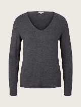 Klasični pleteni pulover z dolgimi rokavi z V-izrezom - Siva_3692626