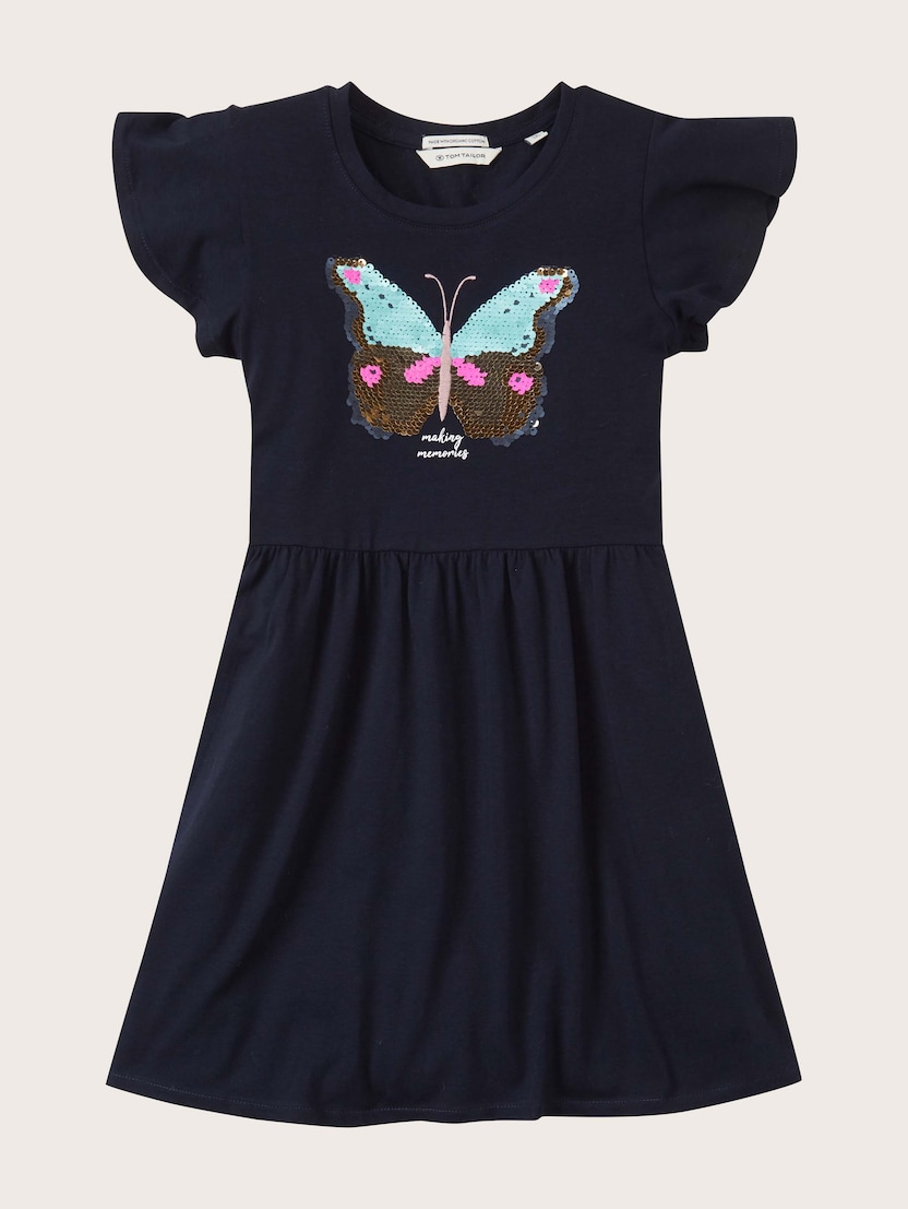 Kratka obleka iz džersija in metuljčkom iz bleščic, ki se jih lahko obrne - Modra_9312680