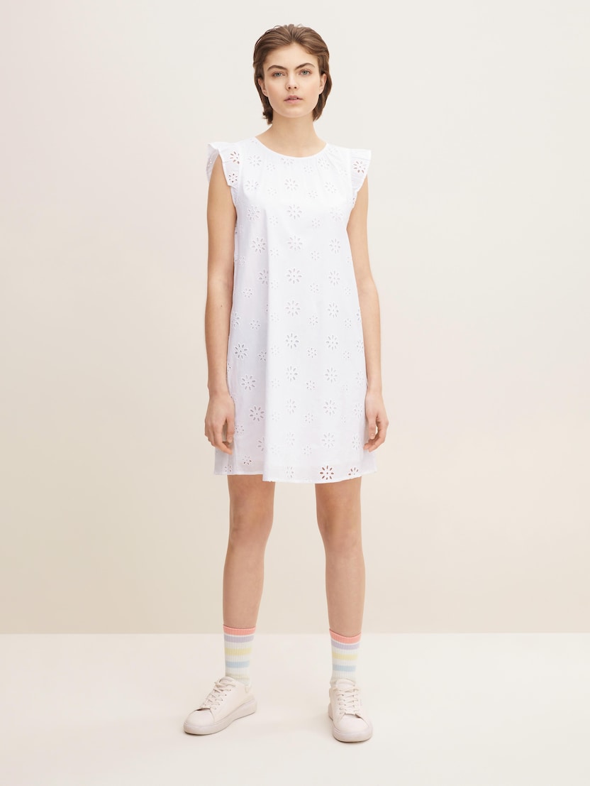 Mini haljina A-kroja s cvjetnim vezom - Bijela