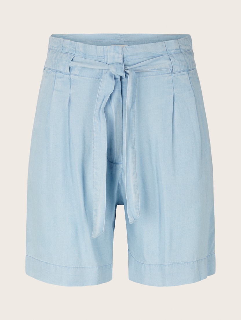 Kratke hlače iz tencel džinsa s pasom za zavezovanje - Modra_6944936