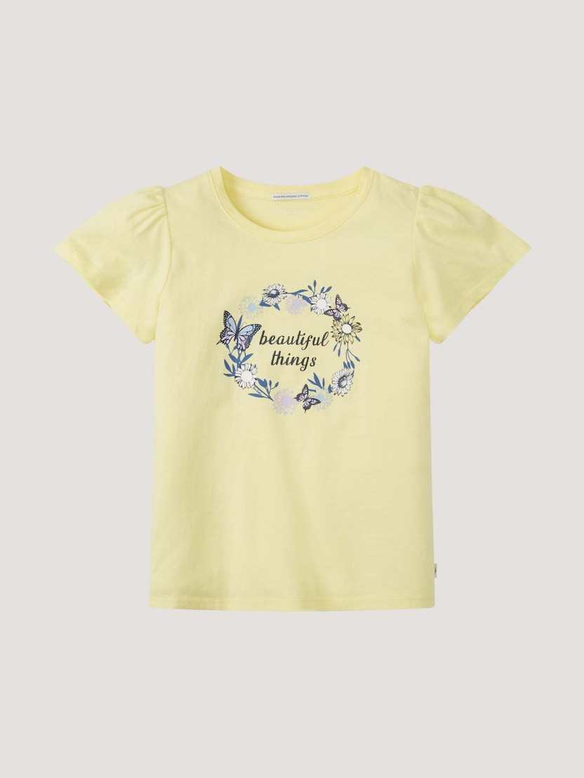 Majica sa ženstvenim printom na prednjoj strani i naboranim kratkim rukavima - Žuta_1140392