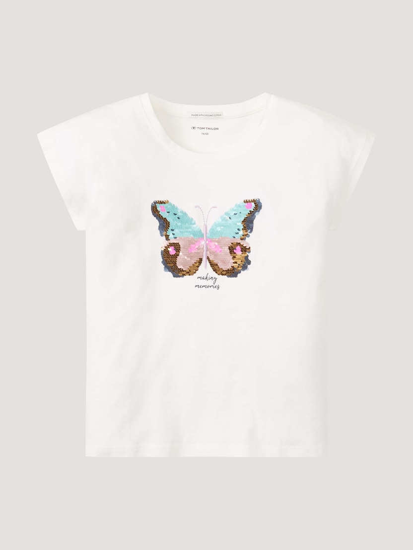 Majica s kratkimi rokavi in obojestranskim metuljčkom z bleščicami, ki se jih lahko obrne - Bela_6046944