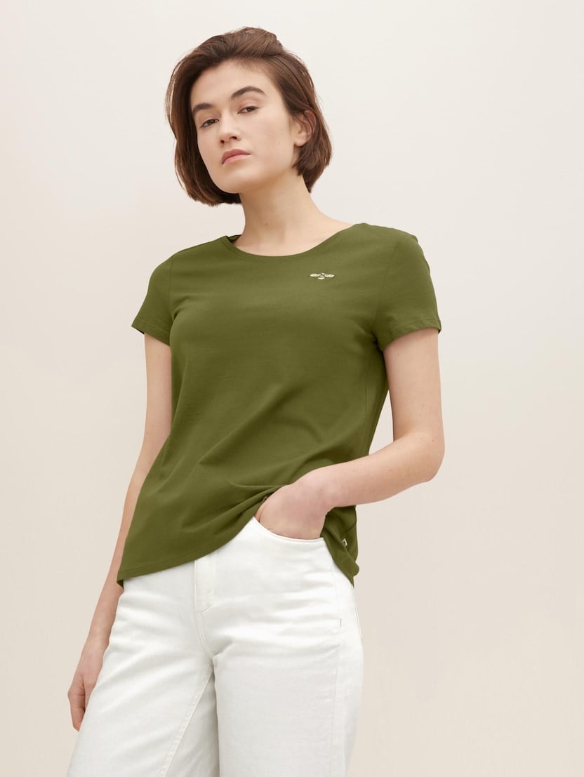 Majica kratkih rukava s izvezenim detaljem na prsima - Zelena