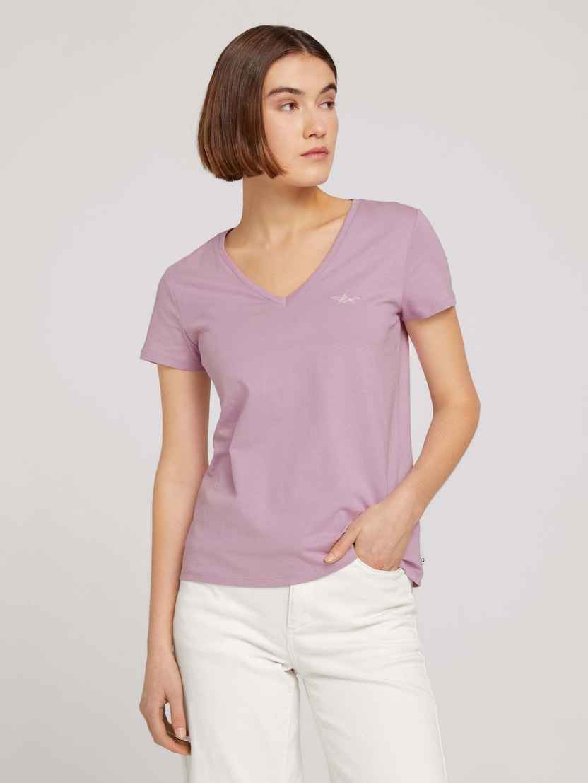 Majica s kratkimi rokavi in vezeno ptico na prsih - Vijolična