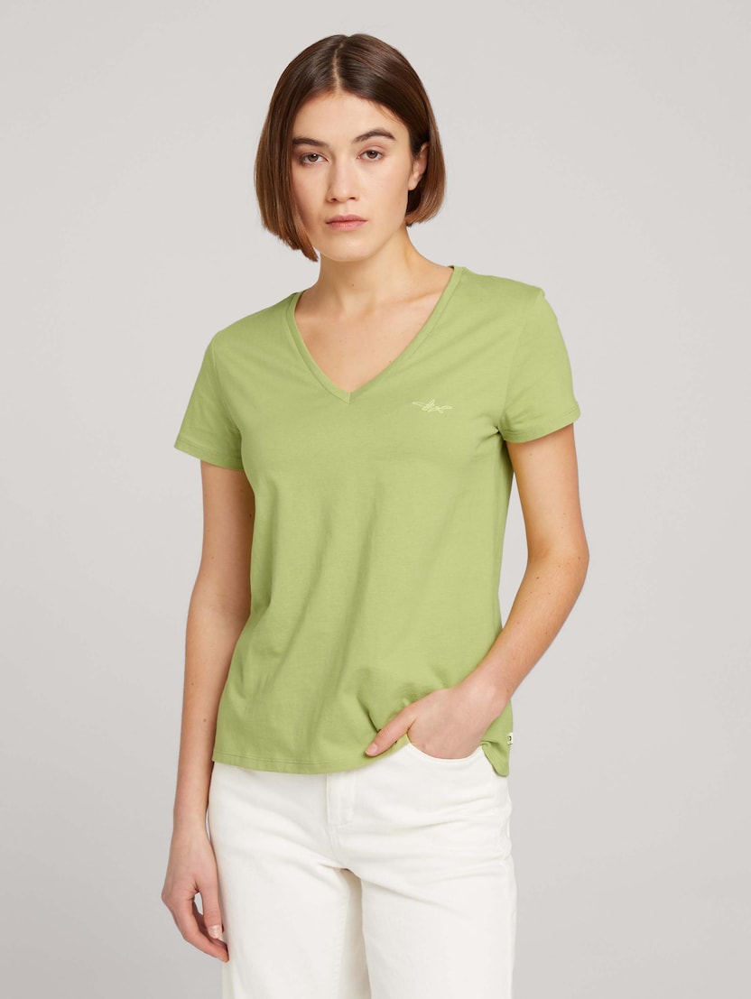 Majica s kratkimi rokavi in vezeno ptico na prsih - Zelena