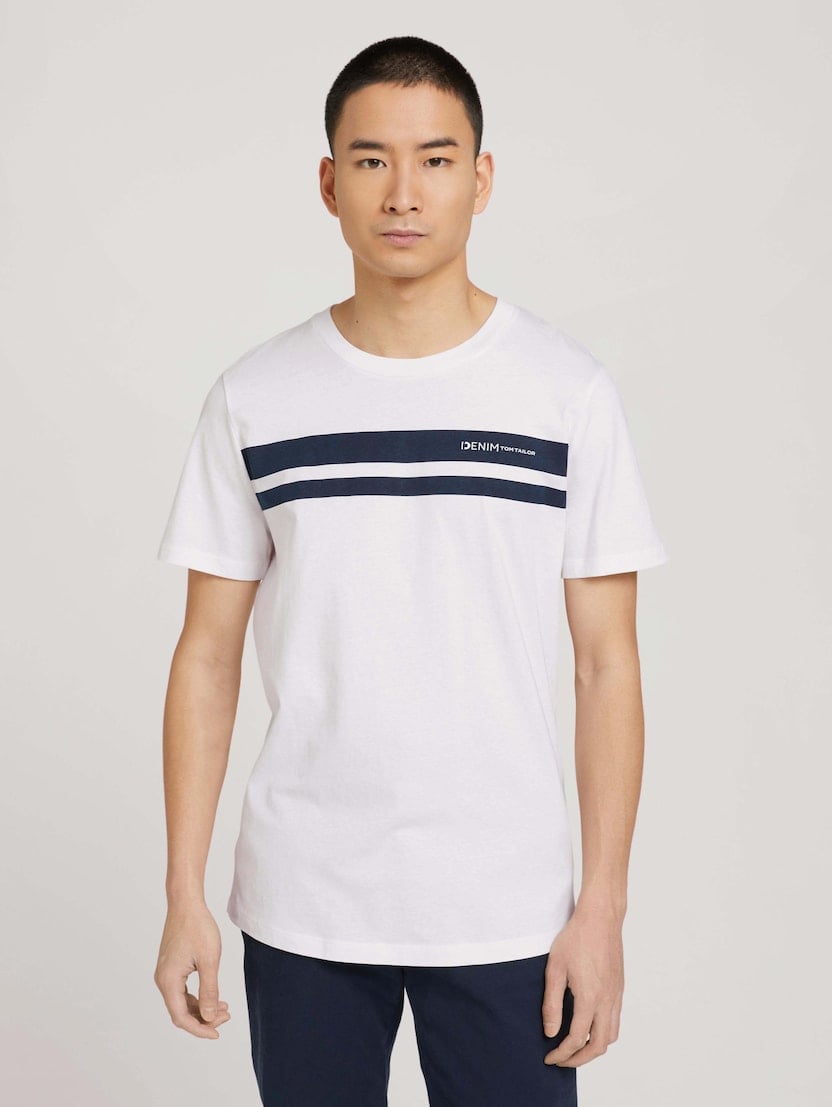 Majica kratkih rukava s kontrastnim prugama i natpisom - Bijela