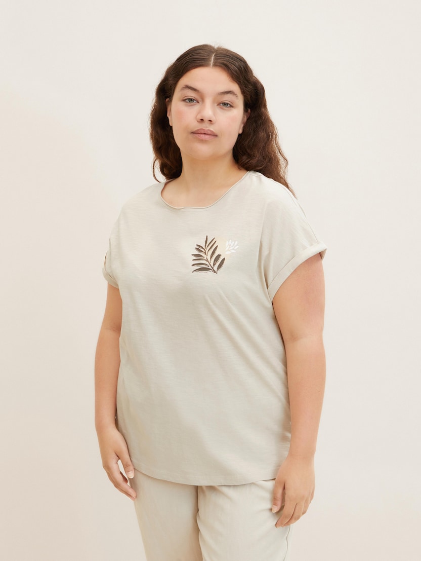Majica z drobnim potiskom listov na prsih - Bež