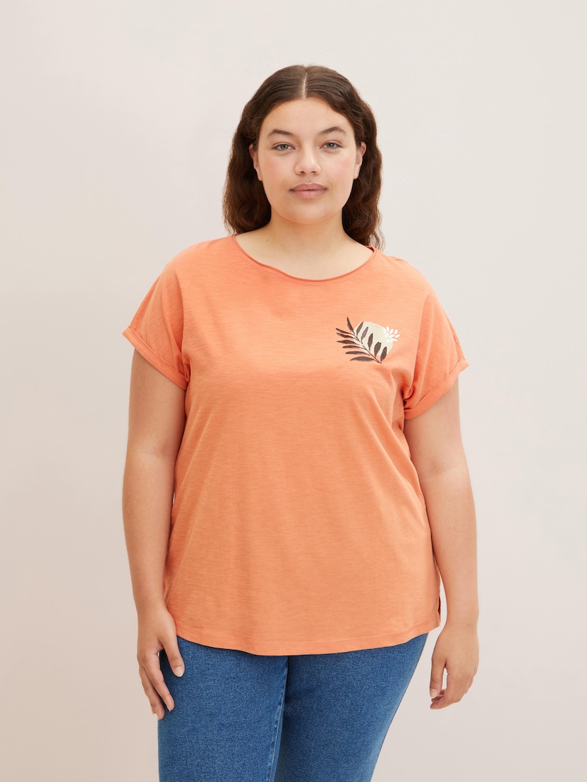 Majica z drobnim potiskom listov na prsih - Oranžna-1033380-29519