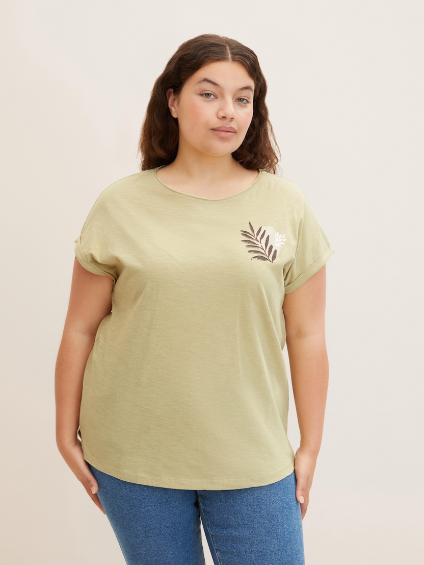 Majica z drobnim potiskom listov na prsih - Zelena
