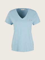 Majica z V-izrezom in majhno vezenino - Modra_2700664