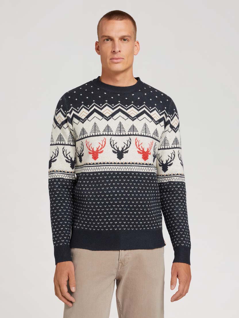  Pleteni džemper sa božićnim uzorkom sa okruglim izrezom - Uzorak/višebojna-1028581-28597-15