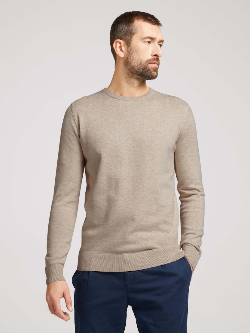 Pleten pulover z okroglim izrezom - Bež-1027299-11831