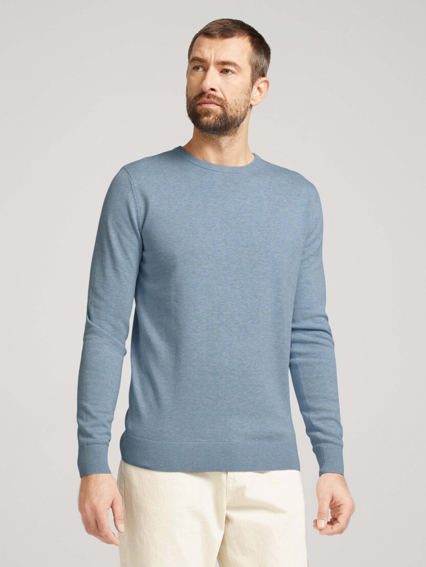 Pleten pulover z okroglim izrezom - Modra_1222823