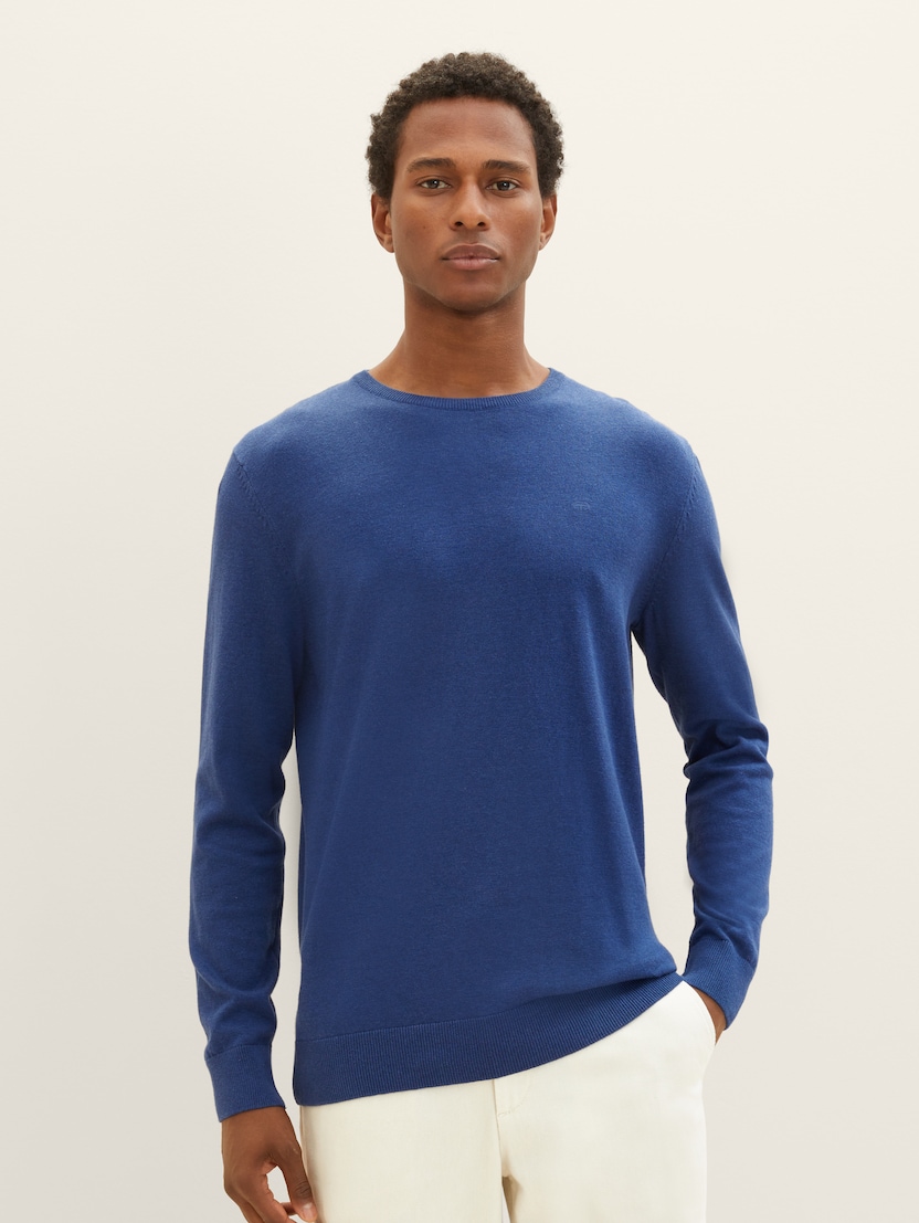 Pleten pulover z okroglim izrezom - Modra-1027661-32618