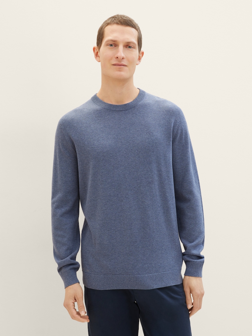 Pleten pulover z okroglim izrezom - Modra-1038426-18964