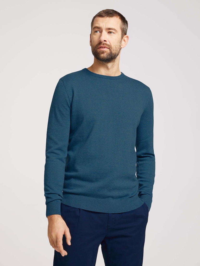 Pleten pulover z okroglim izrezom - Modra_6860434