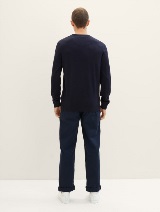 Pleten pulover z okroglim izrezom - Modra_9712171