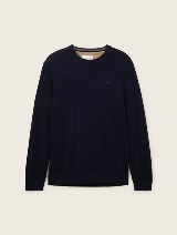 Pleten pulover z okroglim izrezom - Modra_9712171