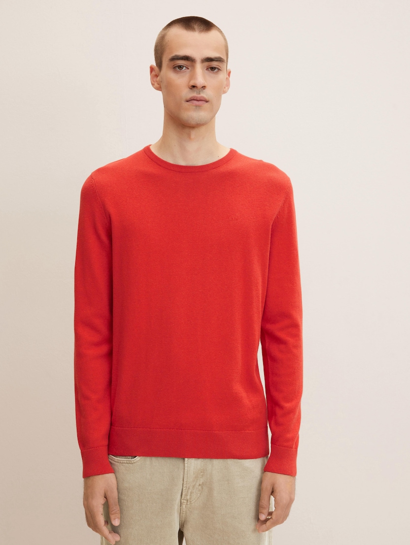 Pleten pulover z okroglim izrezom - Oranžna