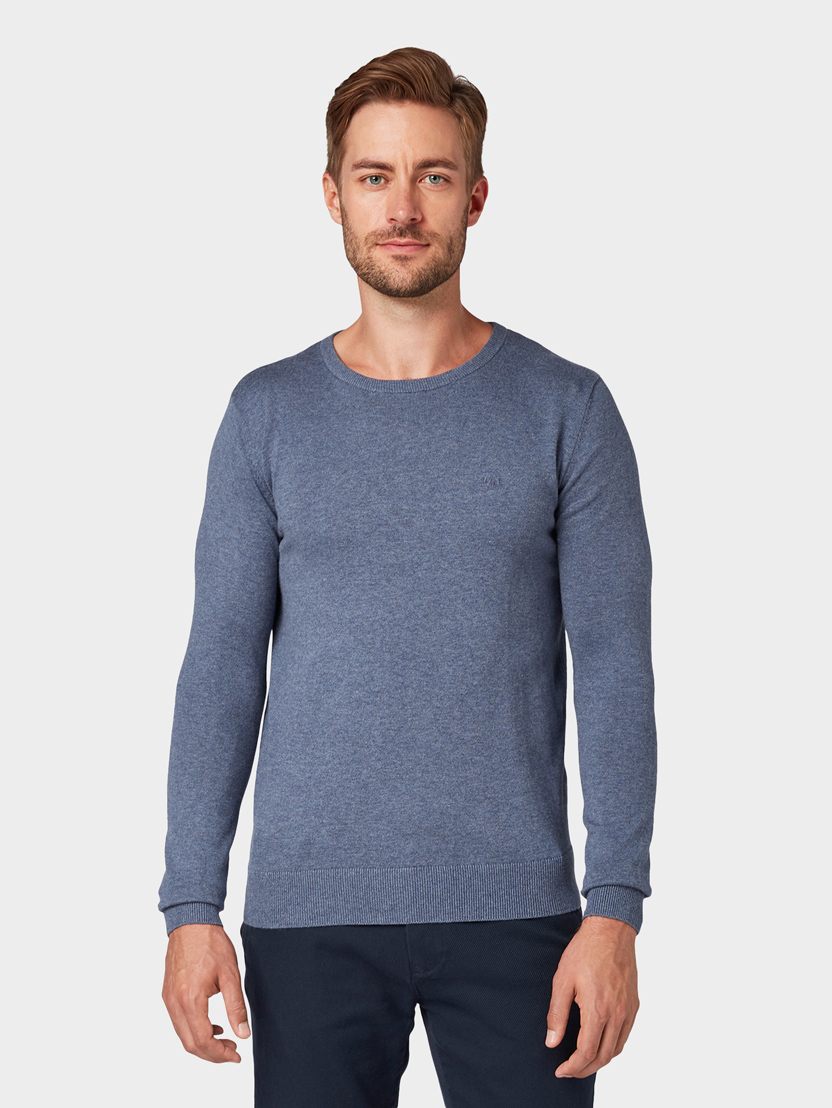 Pleten pulover z okroglim izrezom - Modra_4669619