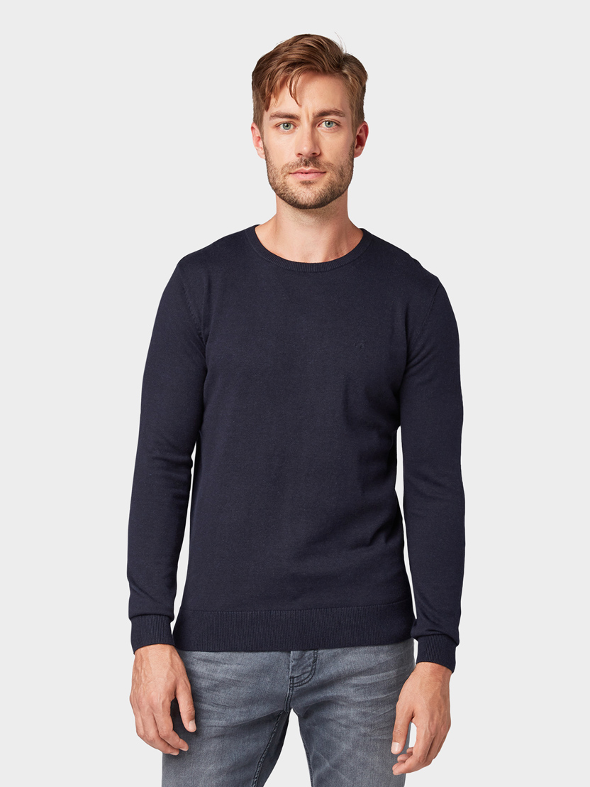 Pleten pulover z okroglim izrezom - Modra