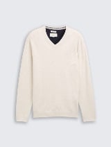 Pleteni džemper sa V-izrezom - Bež_9335277