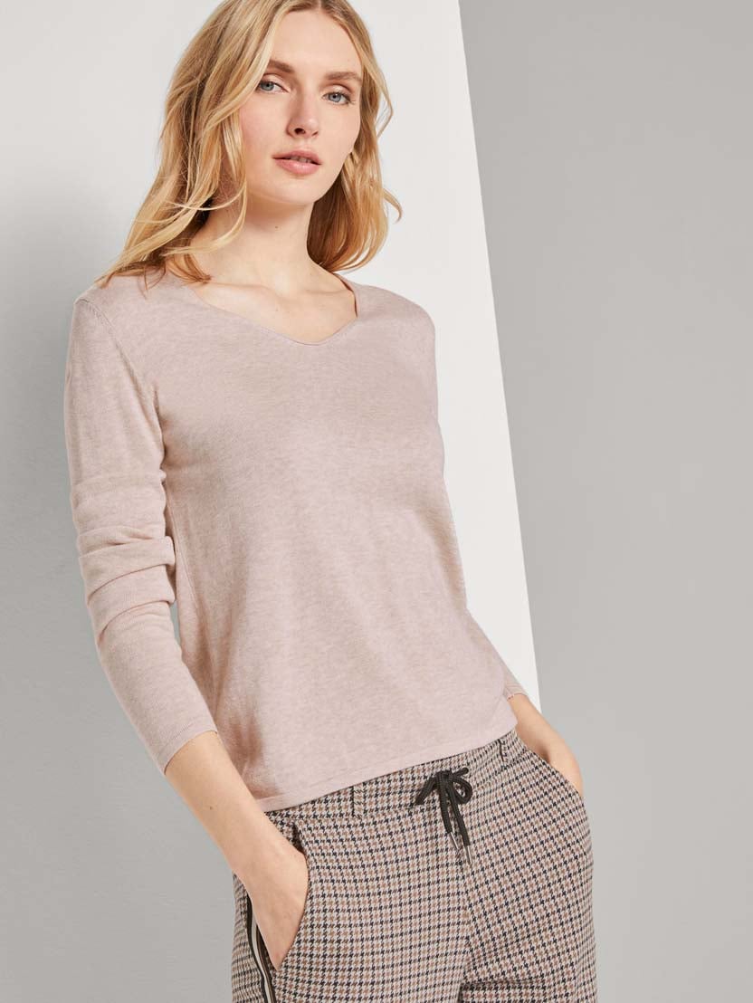 Pulover tricotat cu decolteu în V - Bej_2573377