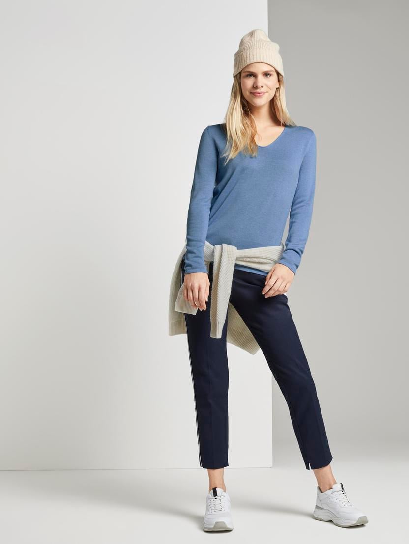 Pulover tricotat cu decolteu în V - Albastru_6226319