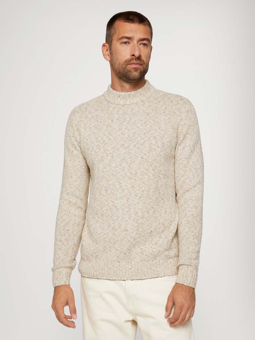 Pleten teksturiran muline pulover s stoječim ovratnikom - Bež_2503493