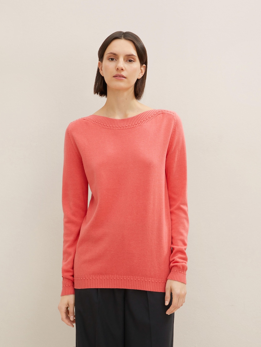 Pleteni pulover s stransko podolgovatim izrezom - Rdeča-1035135-12230
