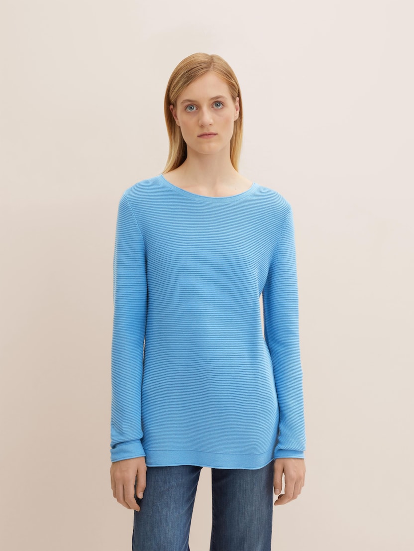 Pleteni pulover z dolgimi rokavi z okroglim izrezom - Modra_7305596