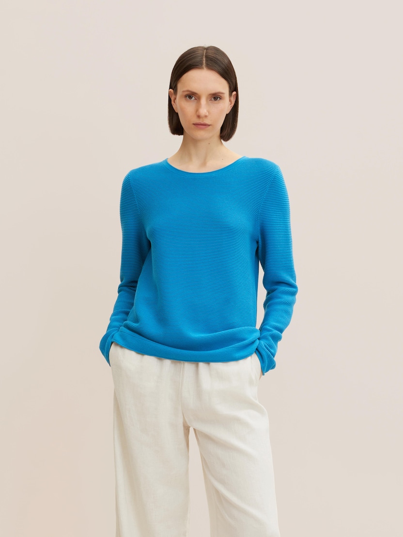Pleteni pulover z dolgimi rokavi z okroglim izrezom - Modra