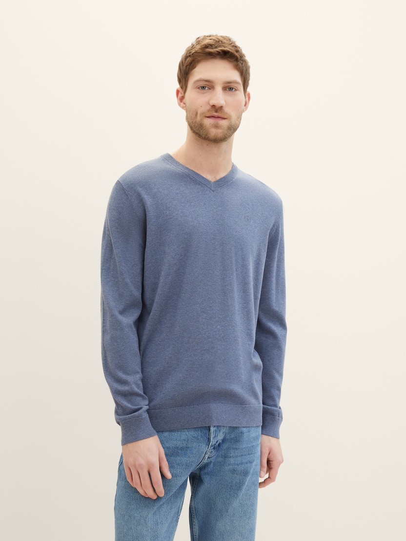 Pleteni pulover z V-izrezom - Modra_5463689
