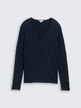 Pleteni pulover s V-izrezom - Plava_9053654