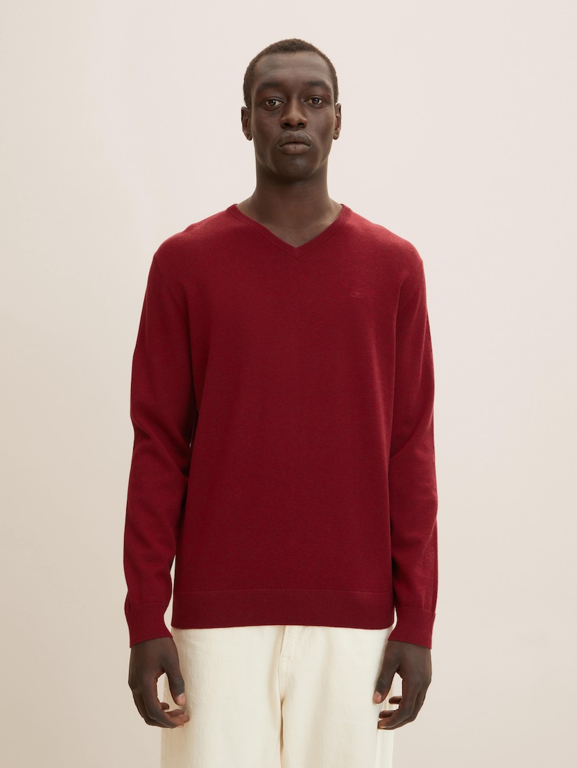 Pleteni pulover z V-izrezom - Rdeča