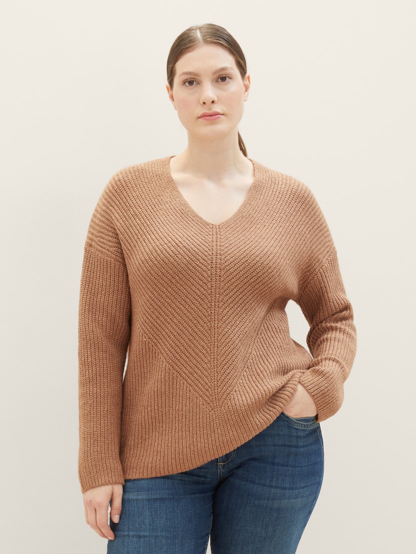 Pleteni pulover z V-izrezom - Rjava_4431100