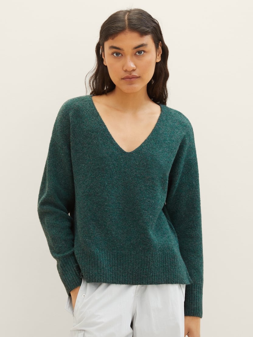 Pleteni pulover s V-izrezom - Zelena_7244130