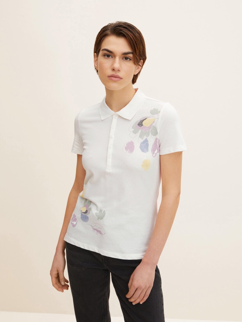Polo majica iz pique tkanine s kratkimi rokavi in vzorcem - Bela
